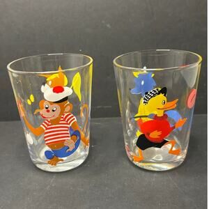Vntg Children’s Cartoon Drinking Glasses Set of 2 –Arcoroc France Animal Kidcore